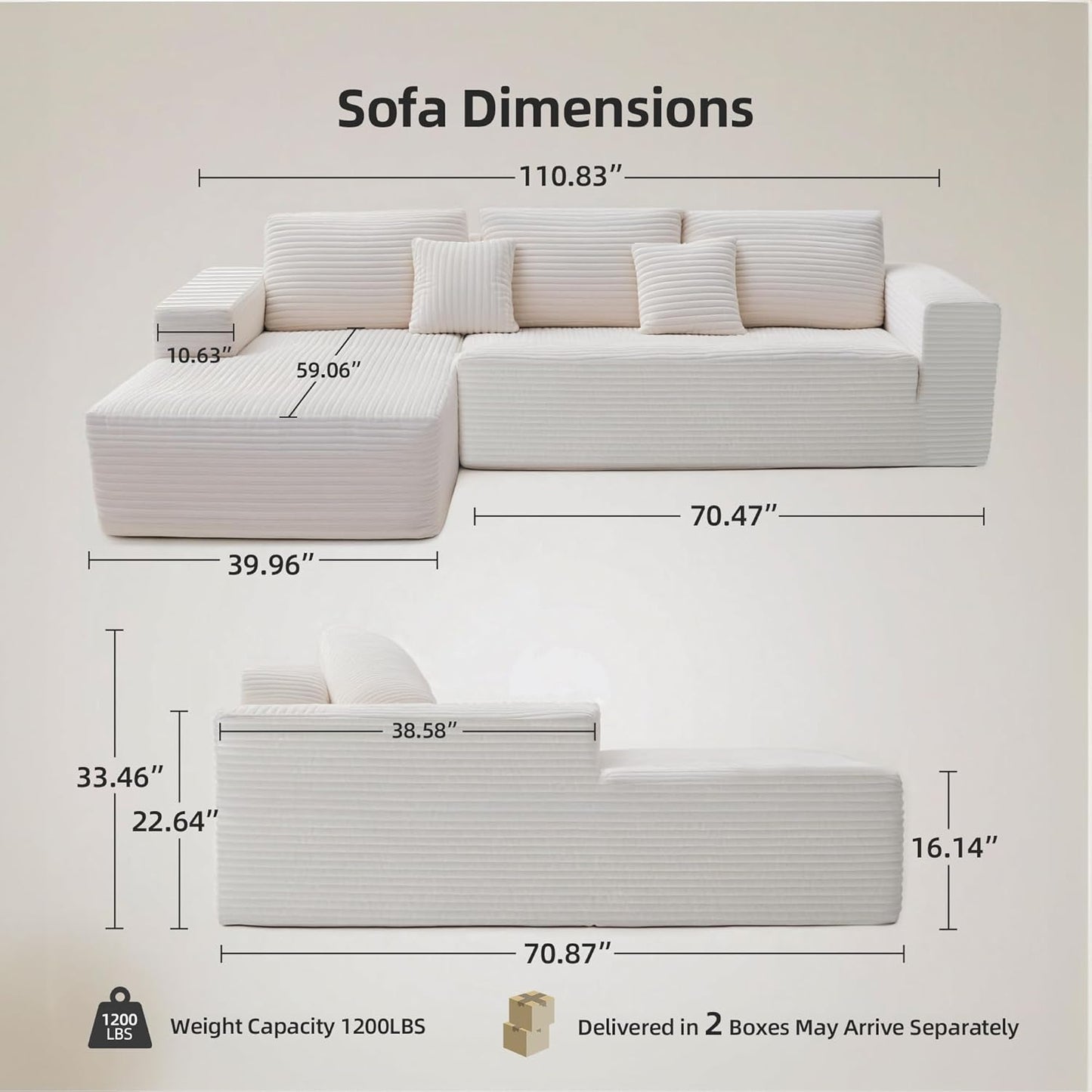 Black & White Corduroy Sectional Couch 110 Inch