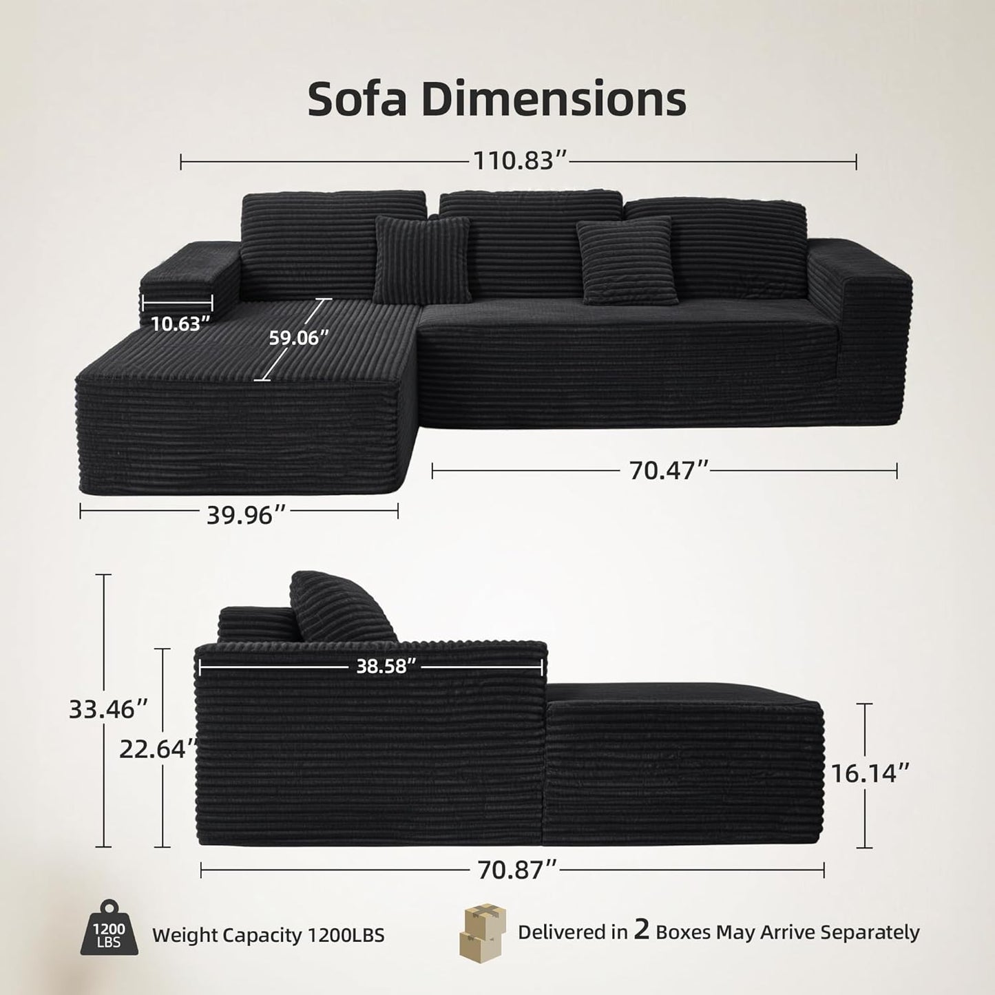 Black & White Corduroy Sectional Couch 110 Inch