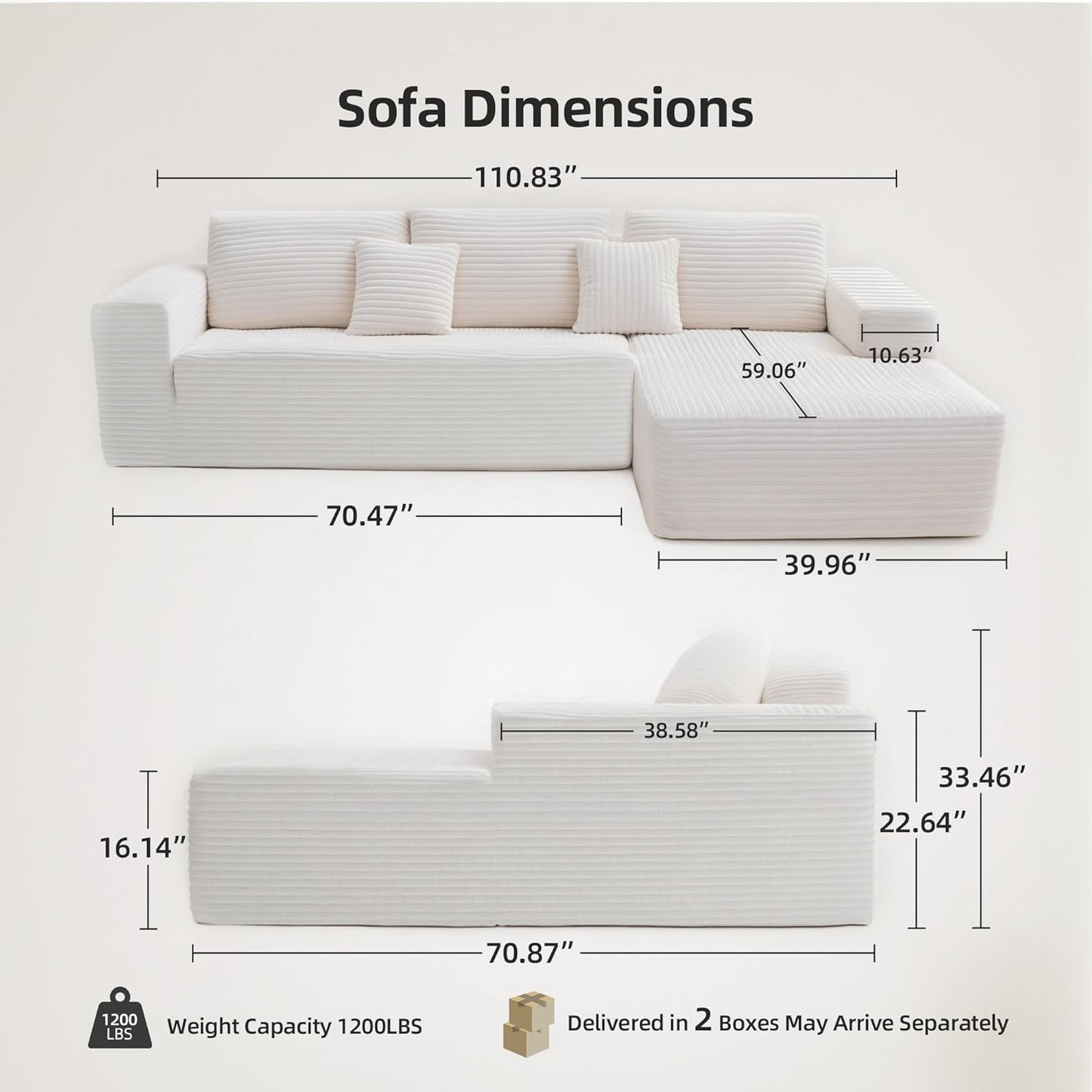 Black & White Corduroy Sectional Couch 110 Inch