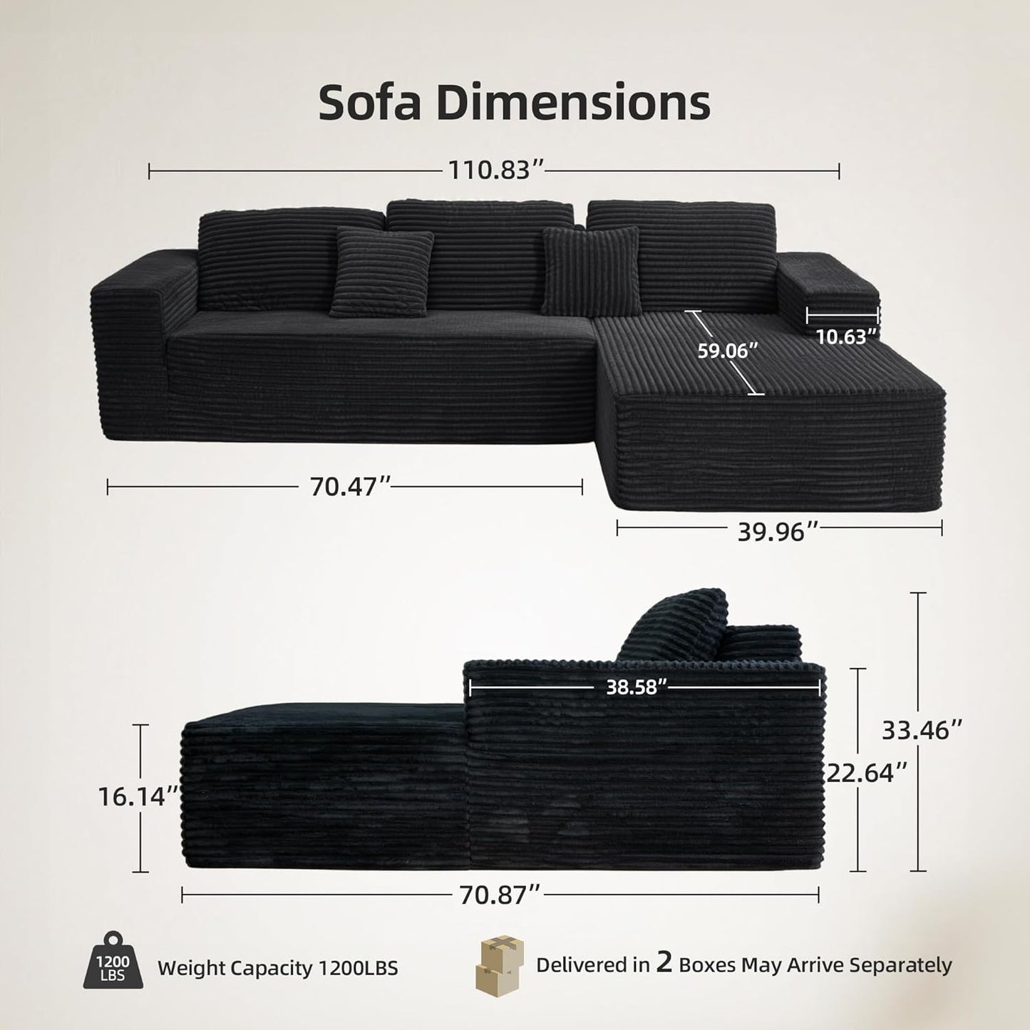 Black & White Corduroy Sectional Couch 110 Inch