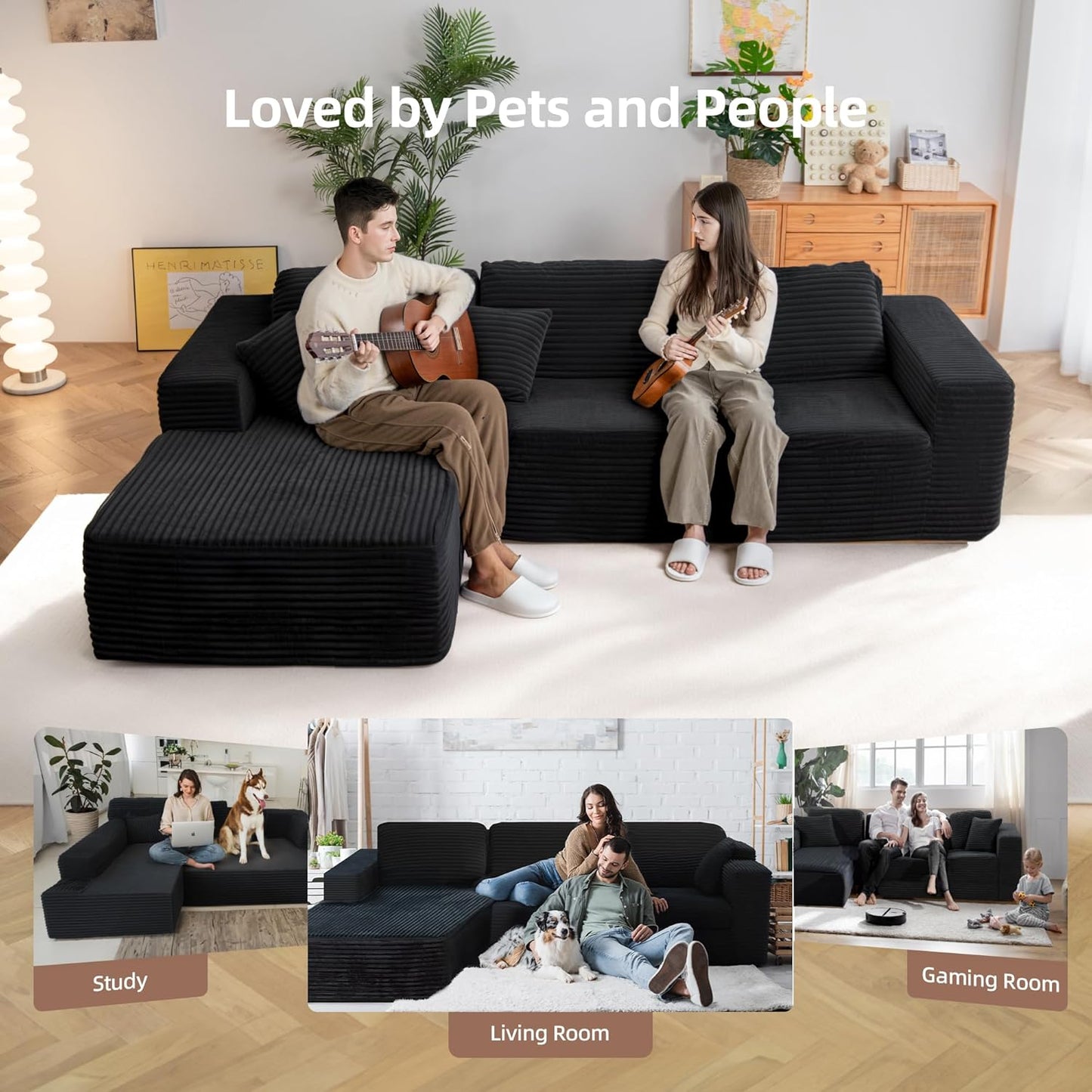 Black & White Corduroy Sectional Couch 110 Inch