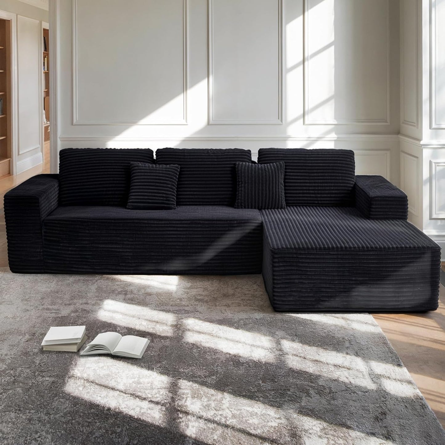 Black & White Corduroy Sectional Couch 110 Inch