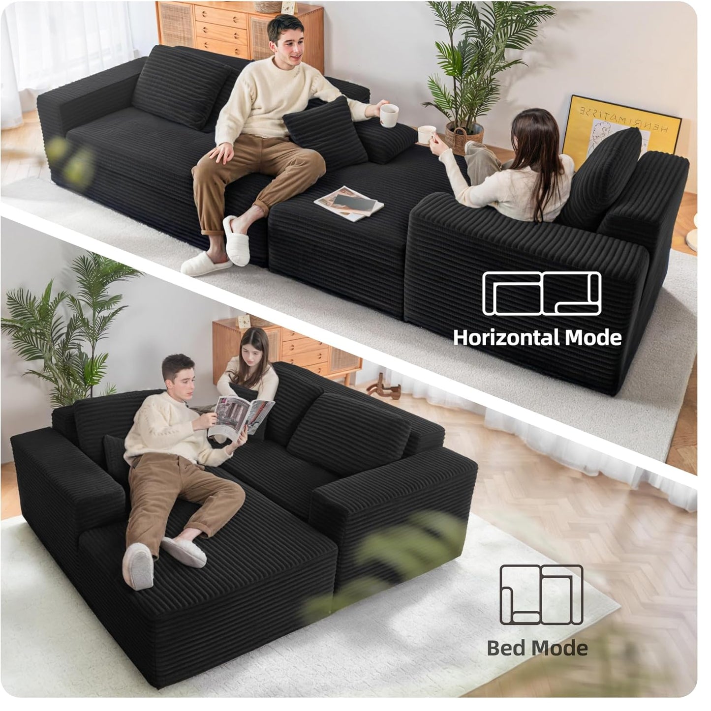 Black & White Corduroy Sectional Couch 110 Inch