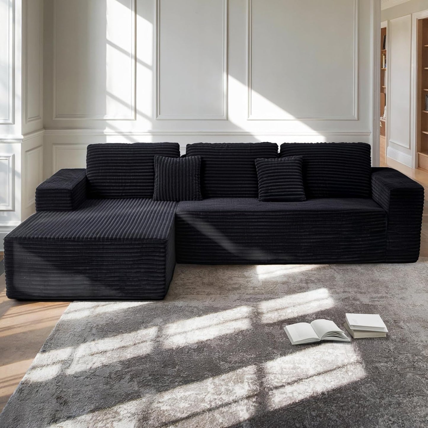 Black & White Corduroy Sectional Couch 110 Inch